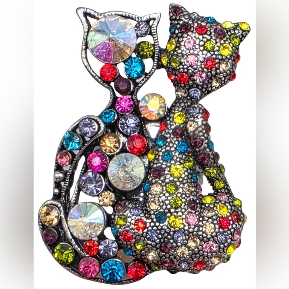 Crystal Cat Adjustable Ring Multicolor Rhinestone Luxe Statement Glam Kitsch